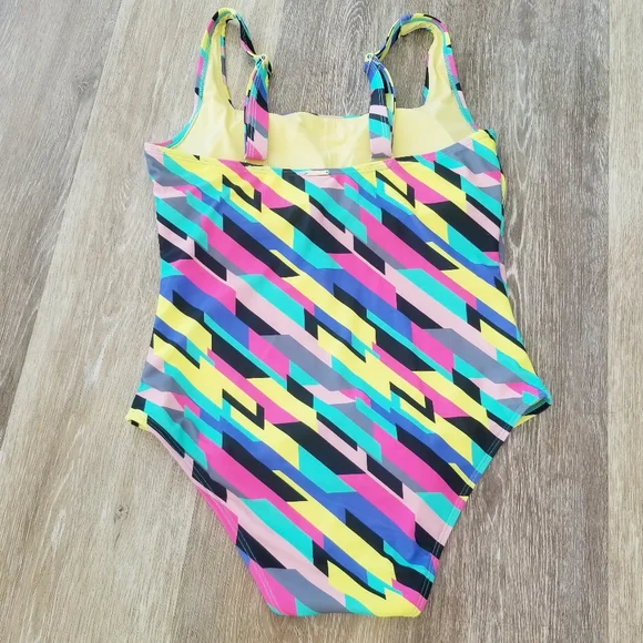 Relleciga One Piece Swimsuit Color Block Geometric Neon Stripe Bodysuit NWT - Picture 13 of 14